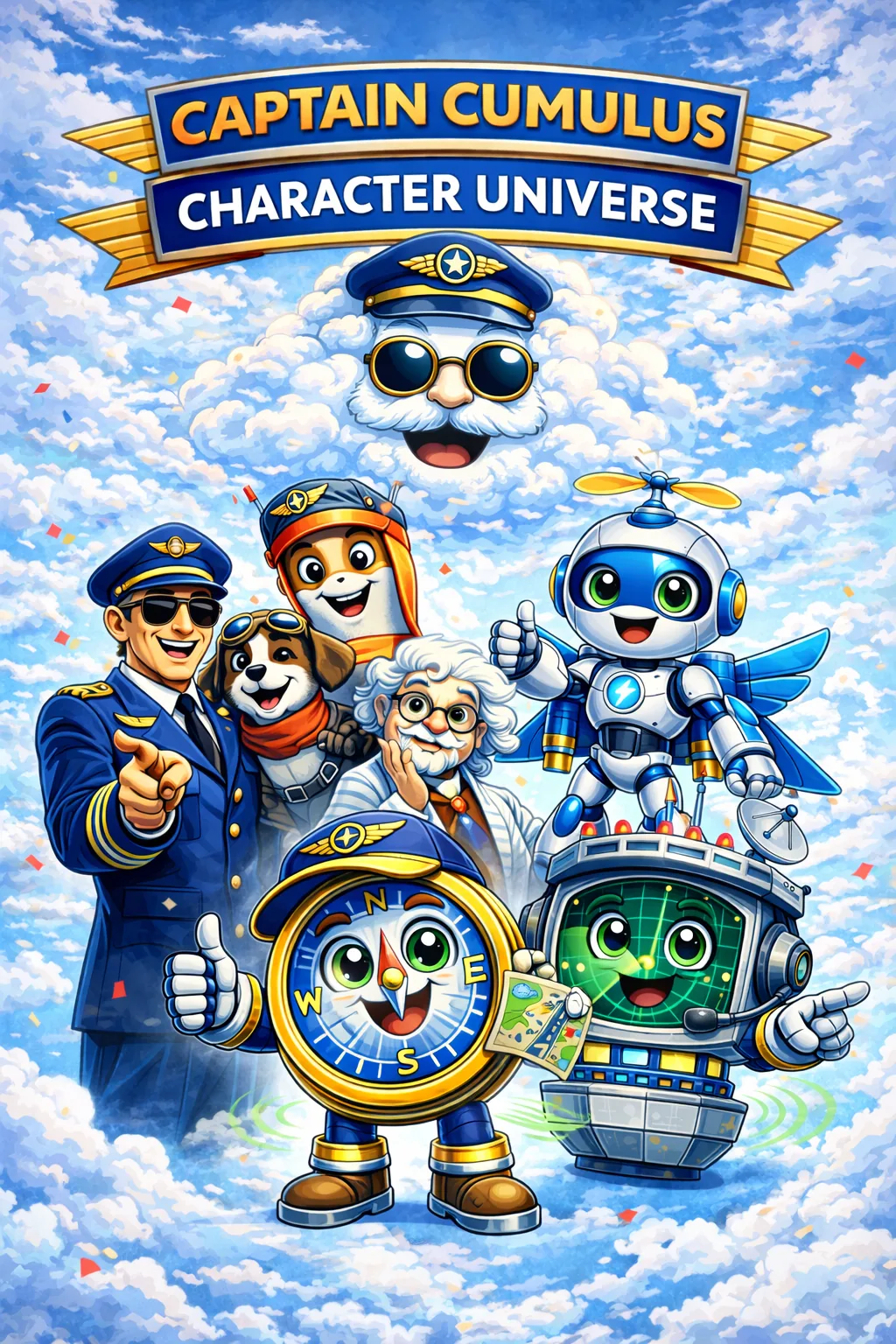 Captain Cumulus Character Universe poster featuring the full Sky Command crew