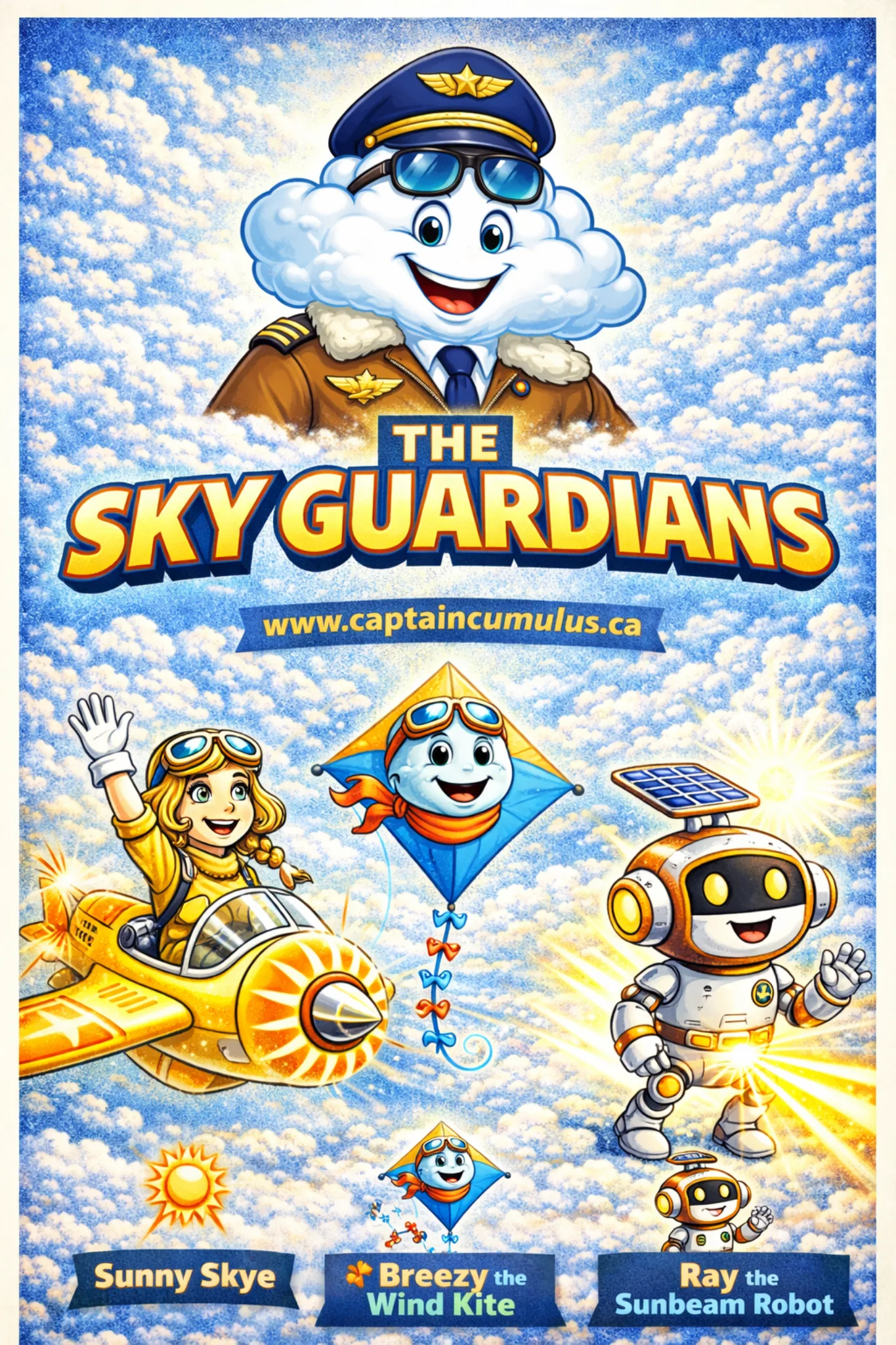 The Sky Guardians poster featuring Captain Cumulus, Sunny Skye, Breezy the Wind Kite, and Ray the Sunbeam Robot
