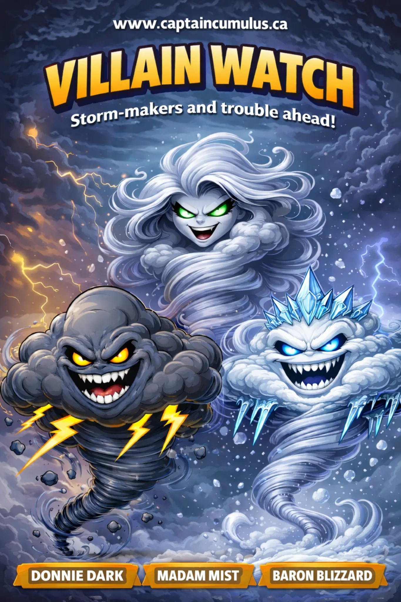 Villain Watch poster featuring Donnie Dark, Madam Mist, and Baron Blizzard
